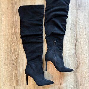 NWOB Jessica Simpson Ladee Black Faux Suede Scrunch Over The Knee Boots Size 8